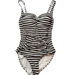 Nip Tuck Swim One Piece Swimsuit Women 4 Black White Stripe Ruched Tummy Control